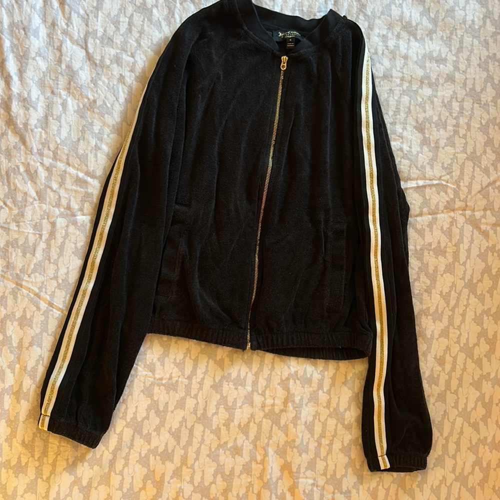 Juicy Couture Black Label Black Gold Shimmer Striped Terry Cloth Track Jacket